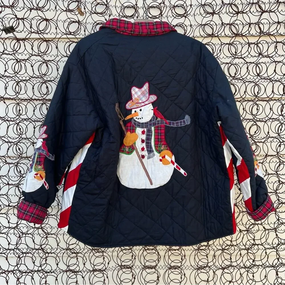 Vintage Americana appliqué snowman quilted jacket reversible w black red plaid